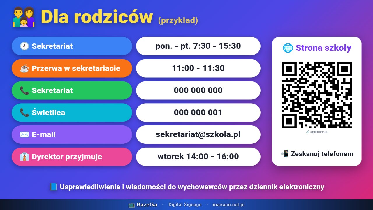 Slajd Dla rodziców: kontakt do szkoły i kod QR do strony
